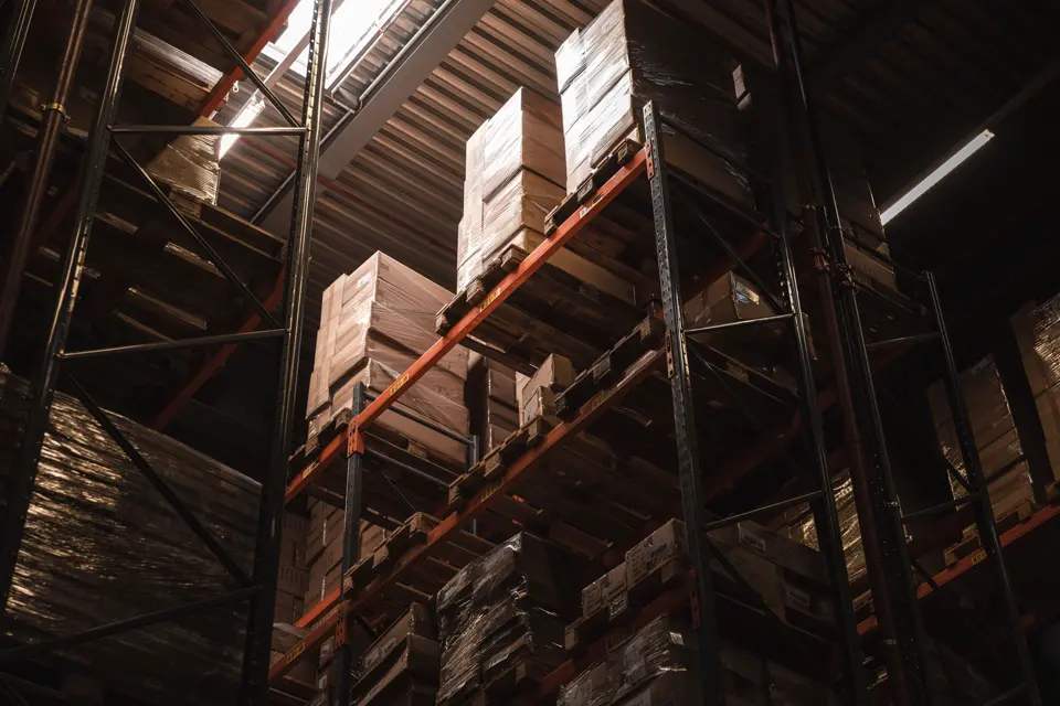 Boxed stock on warehouse shelves